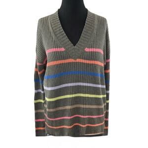 Lisa Todd Neon Stripe V Sweater Size M Gray Pink Cotton Linen Relaxed Maximalist